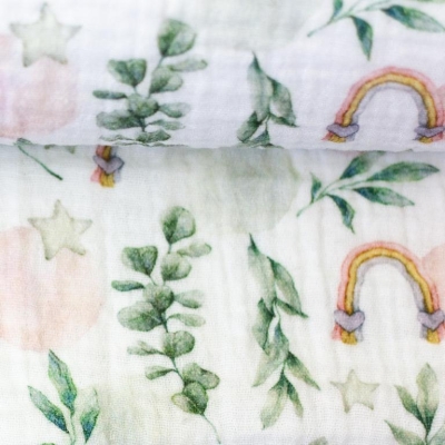 Musselin | THEA Eukalyptus Regenbogen | weiß